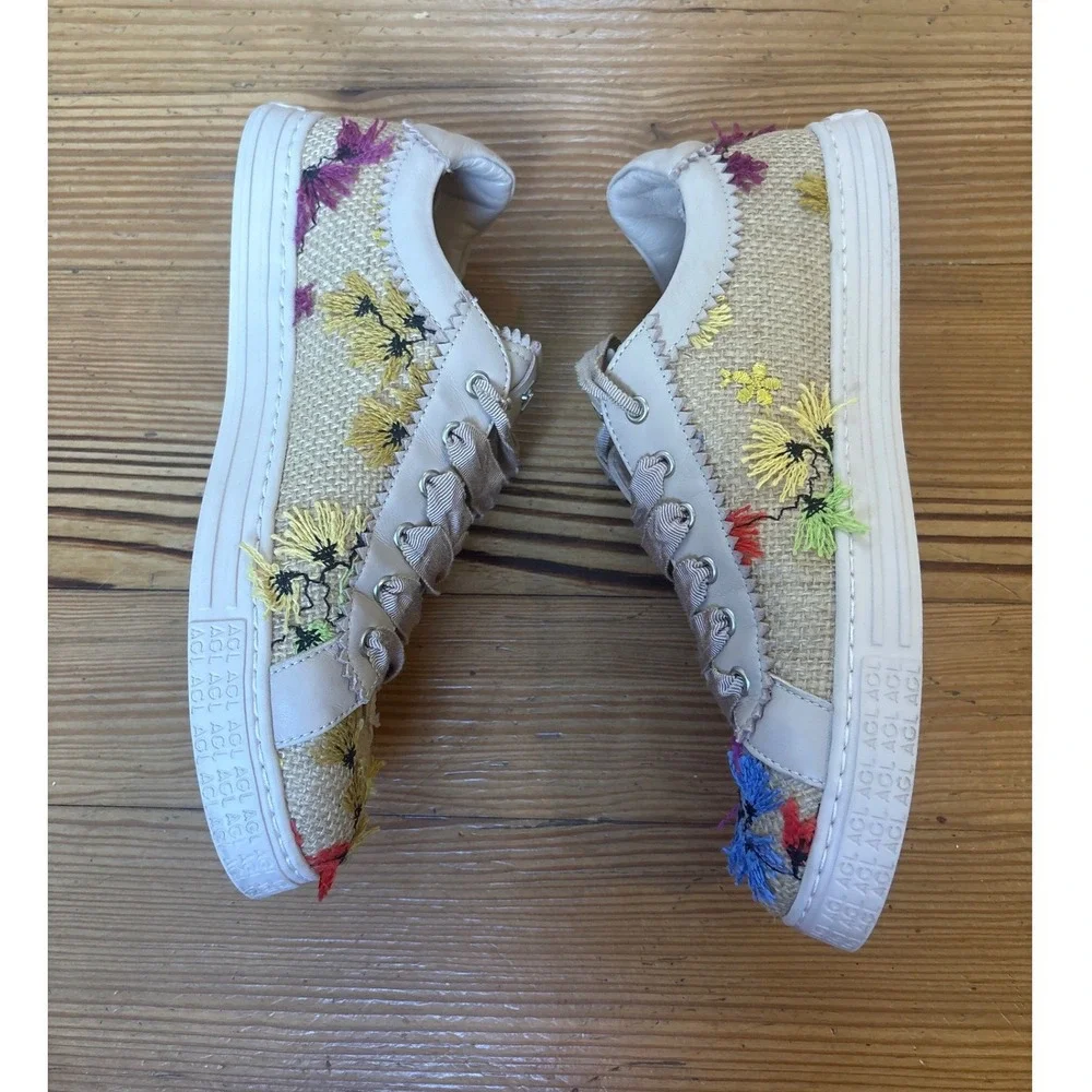 AGL Floral Embroidered Sneakers Women Beige Raffia Low Top Italy SIZE 38.5